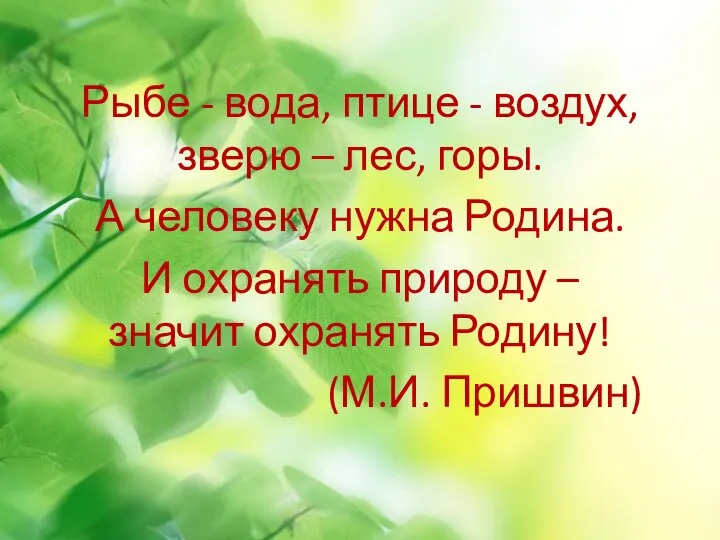 Рыбе - вода, птице - воздух, зверю – лес, горы. А