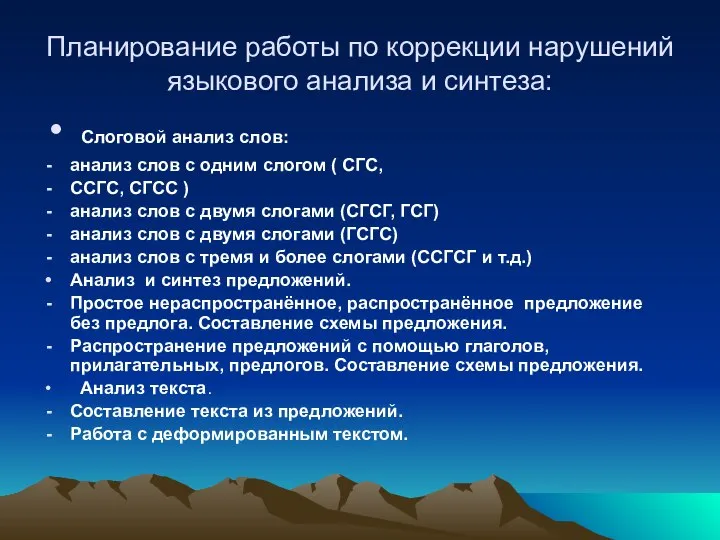 Планирование работы по коррекции нарушений языкового анализа и синтеза: Слоговой анализ