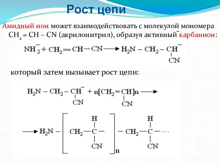 Амидный ион может взаимодействовать с молекулой мономера СН2 = СН –