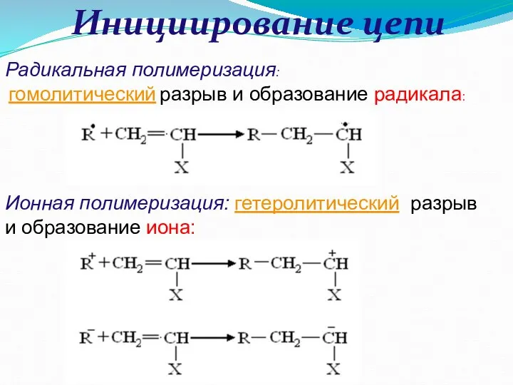 Инициирование цепи Радикальная полимеризация: гомолитический разрыв и образование радикала: Ионная полимеризация: гетеролитический разрыв и образование иона: