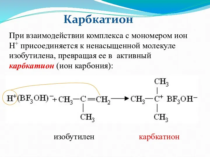 При взаимодействии комплекса с мономером ион Н+ присоединяется к ненасыщенной молекуле