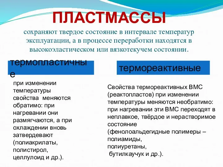 термопластичные термореактивные при изменении температуры свойства меняются обратимо: при нагревании они