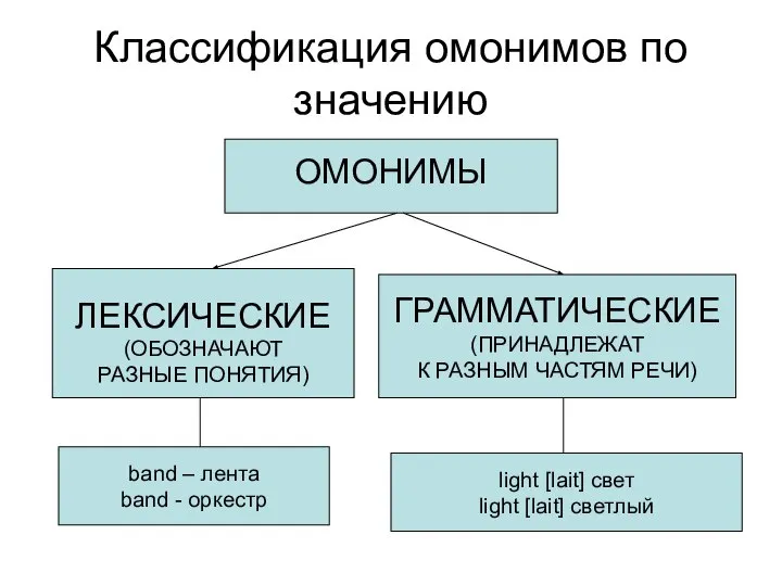 Классификация омонимов по значению ЛЕКСИЧЕСКИЕ (ОБОЗНАЧАЮТ РАЗНЫЕ ПОНЯТИЯ) ГРАММАТИЧЕСКИЕ (ПРИНАДЛЕЖАТ К