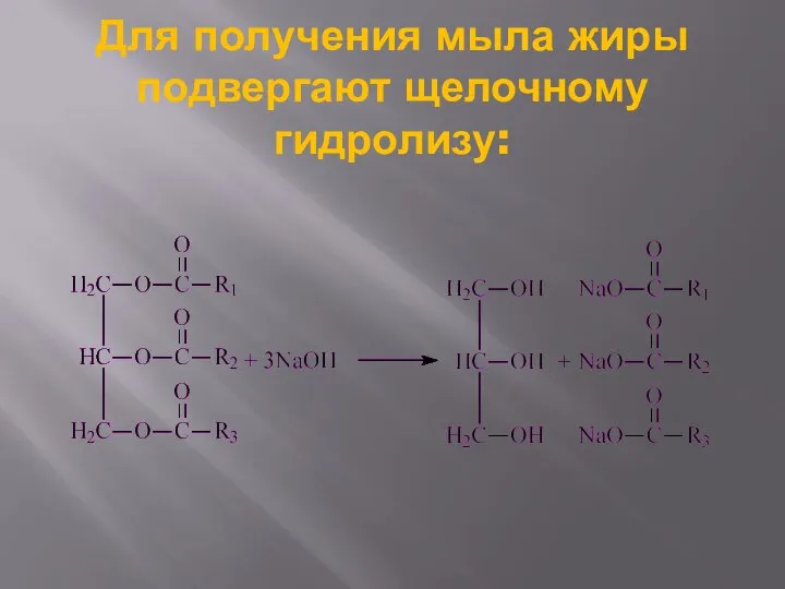 Для получения мыла жиры подвергают щелочному гидролизу: