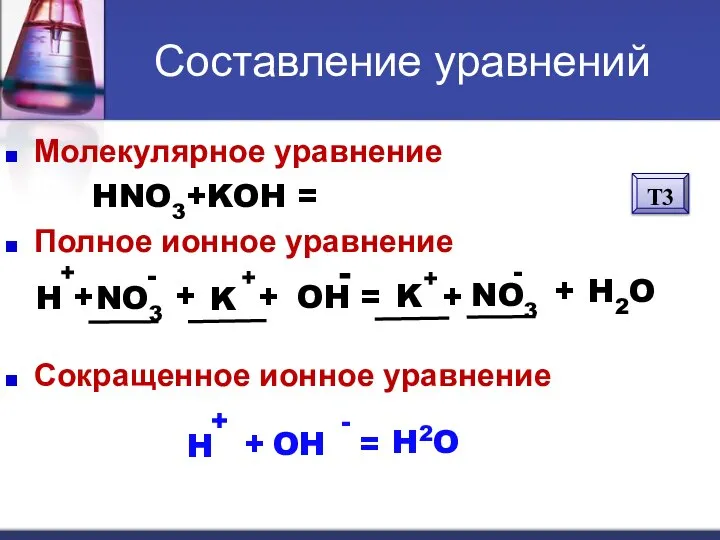 Составление уравнений Молекулярное уравнение HNO3+KOH = KNO3 + H2O Полное ионное