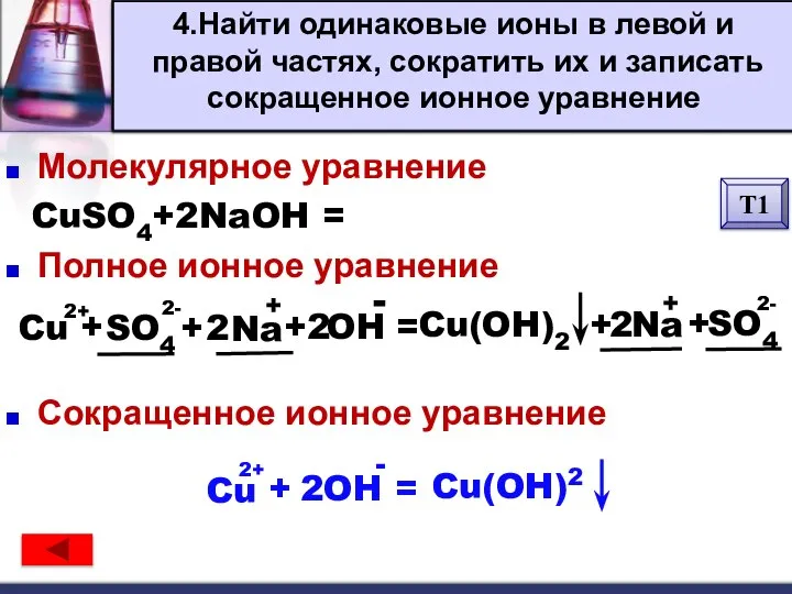 Алгоритм составления уравнений Молекулярное уравнение CuSO4+2NaOH = Cu(OH)2 + Na2SO4 Полное