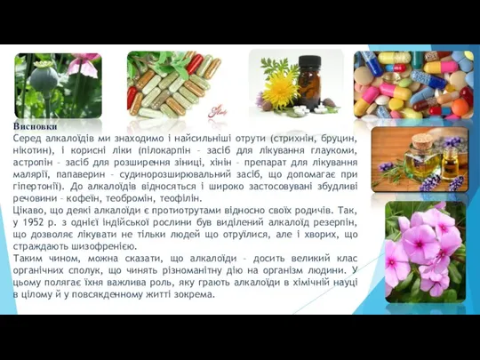 Висновки Серед алкалоїдів ми знаходимо і найсильніші отрути (стрихнін, бруцин, нікотин),