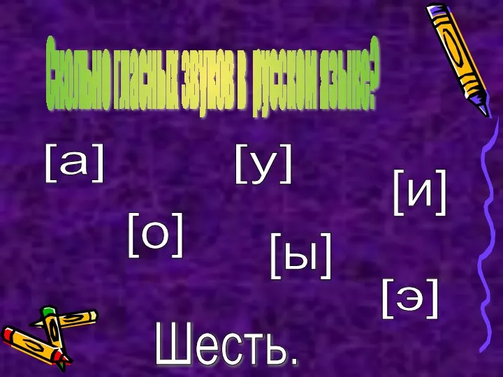 Скольно гласных звуков в русском языке? Шесть. [а] [о] [у] [ы] [и] [э]