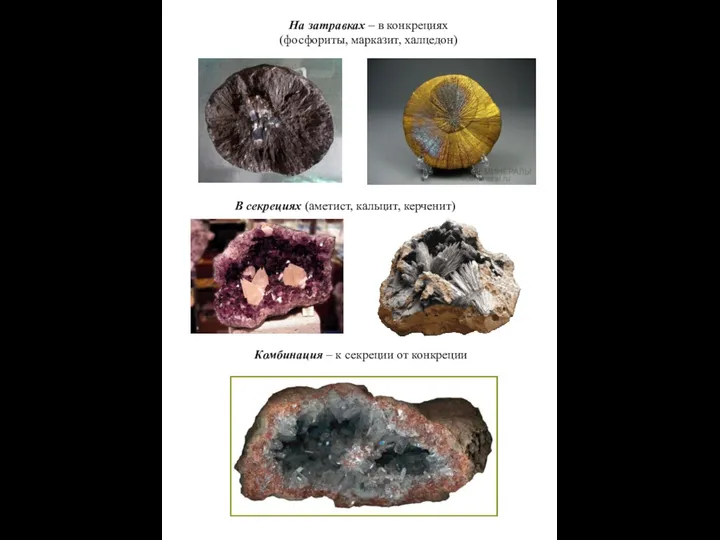 На затравках – в конкрециях (фосфориты, марказит, халцедон) В секрециях (аметист,