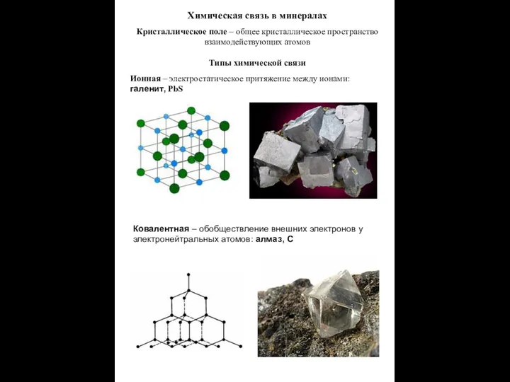 Химическая связь в минералах Кристаллическое поле – общее кристаллическое пространство взаимодействующих