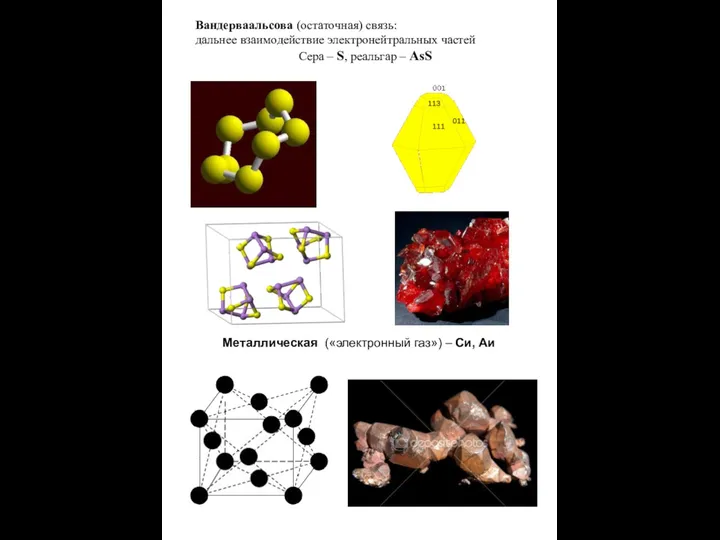 Металлическая («электронный газ») – Си, Аи Вандерваальсова (остаточная) связь: дальнее взаимодействие