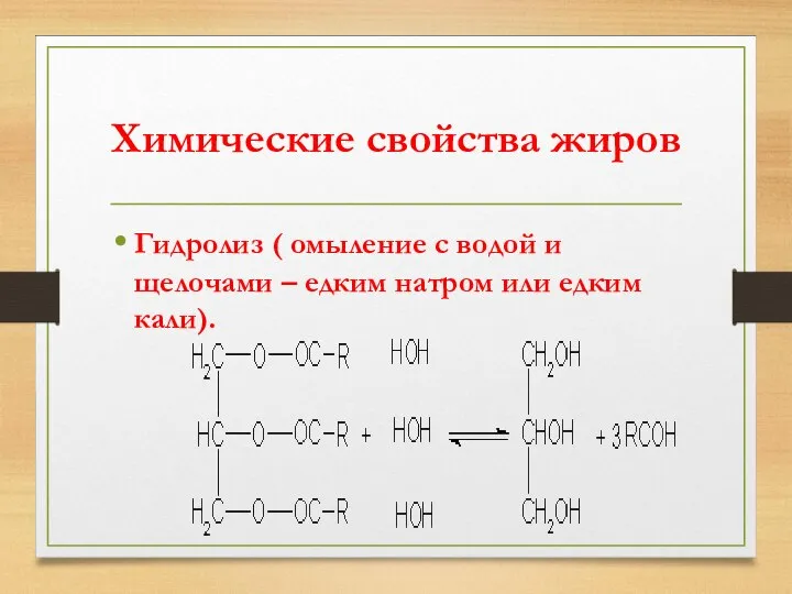 Химические свойства жиров Гидролиз ( омыление с водой и щелочами – едким натром или едким кали).