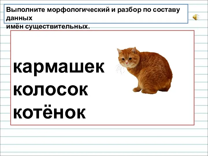 Выполните морфологический и разбор по составу данных имён существительных. кармашек колосок котёнок