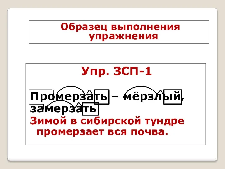 Образец выполнения упражнения Упр. ЗСП-1 Промерзать – мёрзлый, замерзать Зимой в сибирской тундре промерзает вся почва.