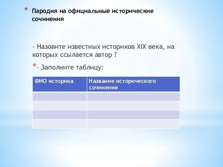 Пародия на официальные исторические сочинения - Назовите известных историков XIX века,