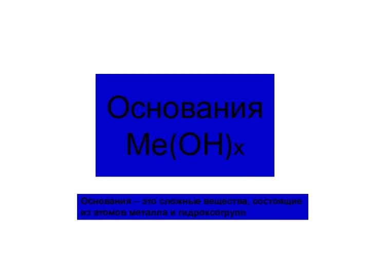 Основания Ме(ОН)х Основания – это сложные вещества, состоящие из атомов металла и гидроксогрупп