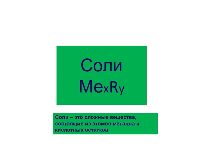 Соли МеxRy Соли – это сложные вещества, состоящие из атомов металла и кислотных остатков