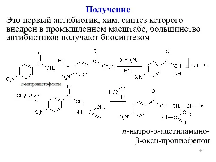 Получение Это первый антибиотик, хим. синтез которого внедрен в промышленном масштабе,