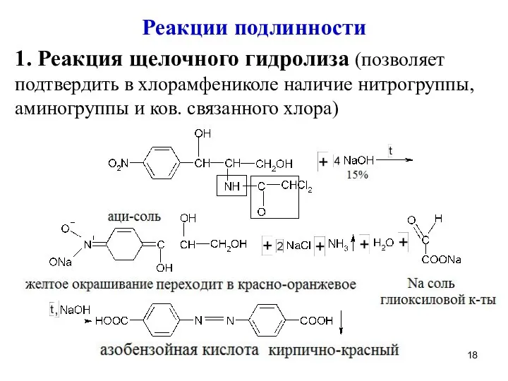 Реакции подлинности 1. Реакция щелочного гидролиза (позволяет подтвердить в хлорамфениколе наличие