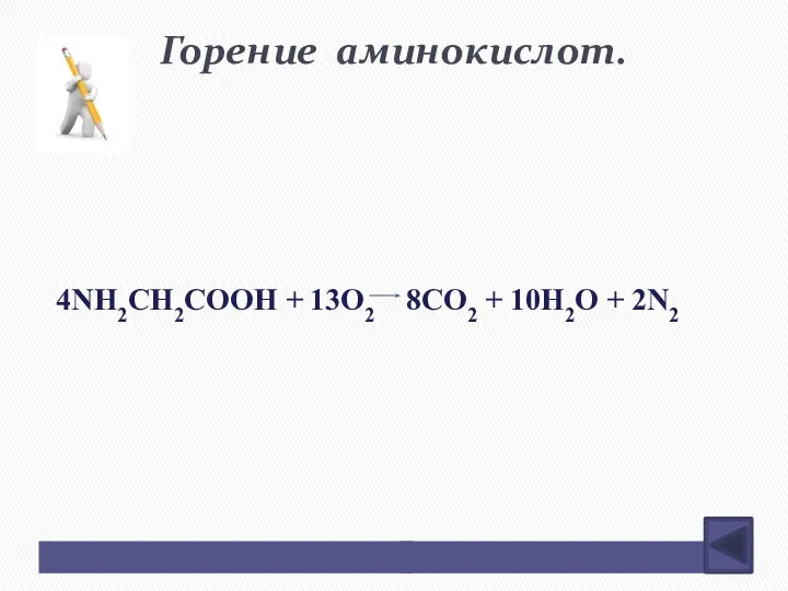 Горение аминокислот. 4NH2CH2COOH + 13O2 8CO2 + 10H2O + 2N2