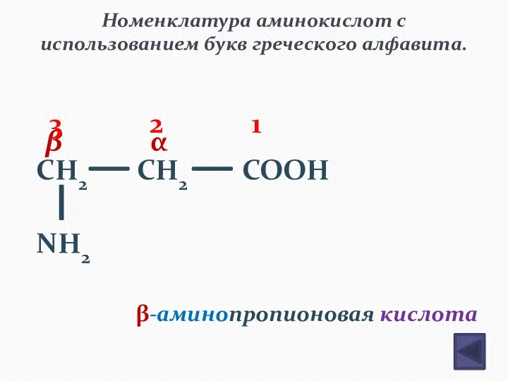 Номенклатура аминокислот с использованием букв греческого алфавита. CH2 CH2 COOH NH2