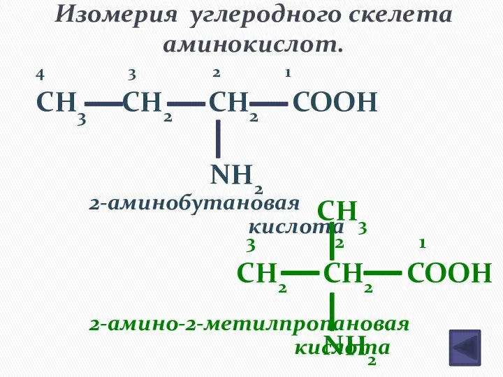 Изомерия углеродного скелета аминокислот. 4 3 2 1 CH3 CH2 CH2