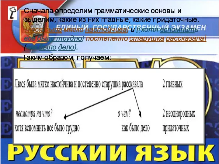 Сначала определим грамматические основы и выделим, какие из них главные, какие