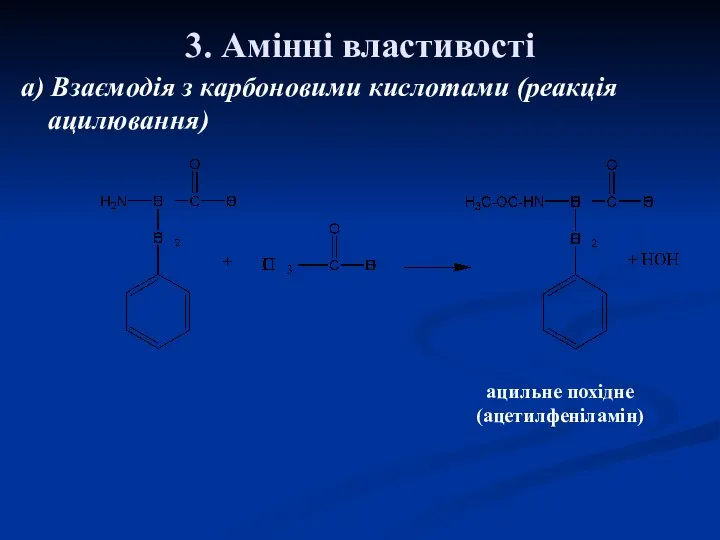3. Амінні властивості а) Взаємодія з карбоновими кислотами (реакція ацилювання) ацильне похідне (ацетилфеніламін)