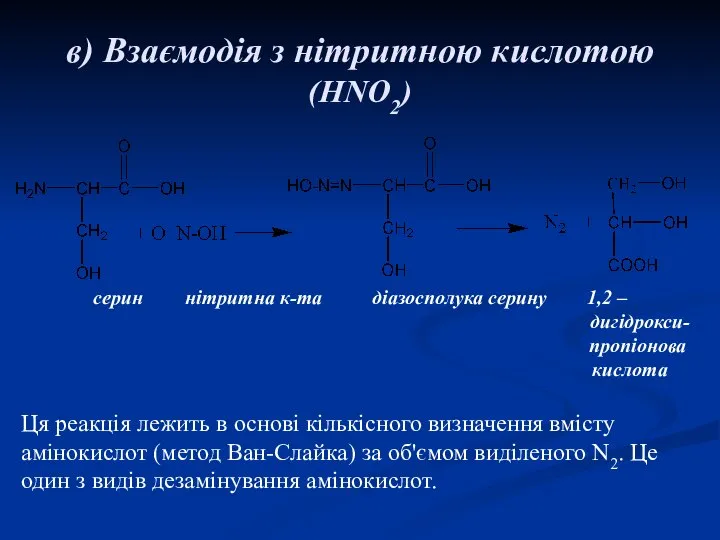 в) Взаємодія з нітритною кислотою (HNO2) серин нітритна к-та діазосполука серину