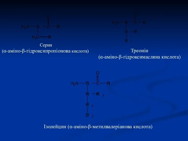 Треонін (α-аміно-β-гідроксимасляна кислота) Серин (α-аміно-β-гідроксипропіонова кислота) Ізолейцин (α-аміно-β-метилвалеріанова кислота)