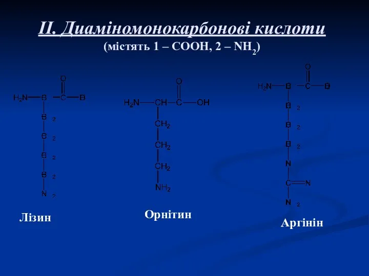 II. Диаміномонокарбонові кислоти (містять 1 – СООН, 2 – NH2) Лізин Орнітин Аргінін