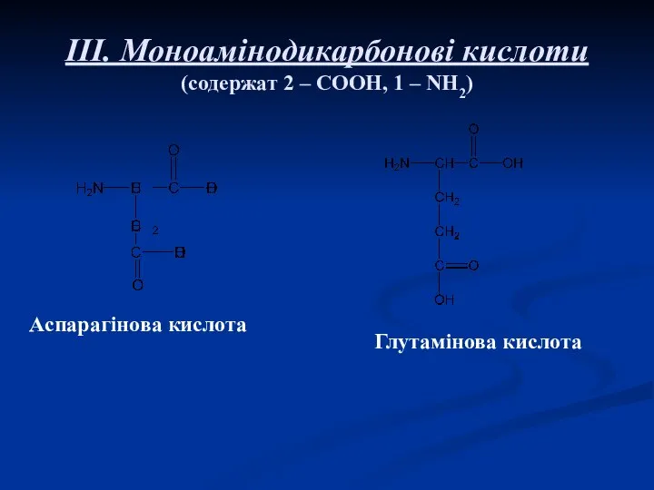 III. Моноамінодикарбонові кислоти (содержат 2 – СООН, 1 – NH2) Аспарагінова кислота Глутамінова кислота