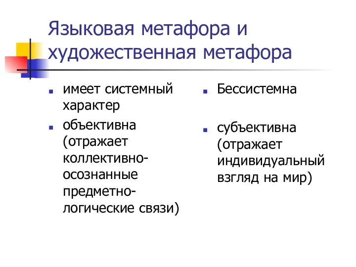 Языковая метафора и художественная метафора имеет системный характер объективна (отражает коллективно-осознанные