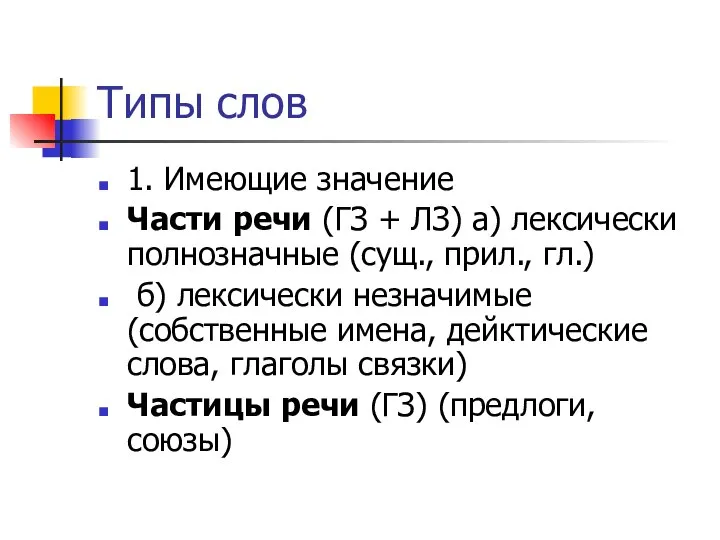 Типы слов 1. Имеющие значение Части речи (ГЗ + ЛЗ) а)