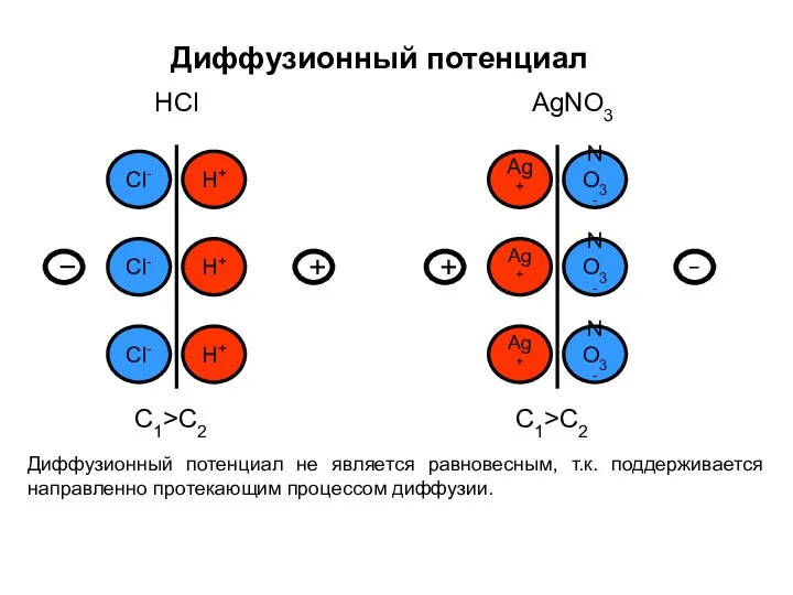 Диффузионный потенциал не является равновесным, т.к. поддерживается направленно протекающим процессом диффузии. Диффузионный потенциал