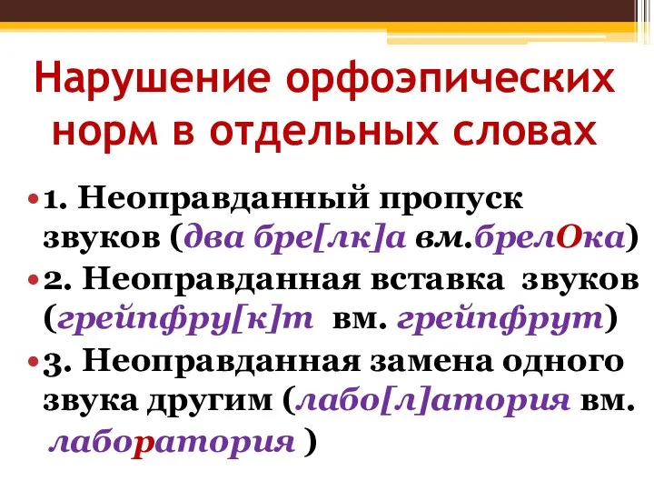 Нарушение орфоэпических норм в отдельных словах 1. Неоправданный пропуск звуков (два