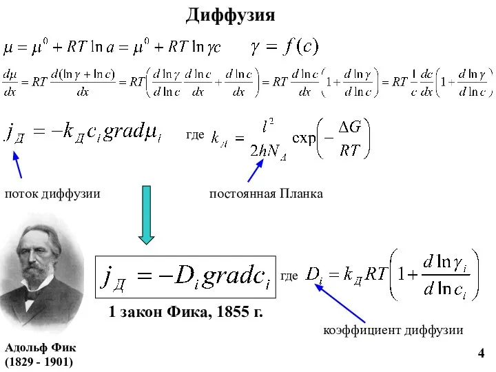 4 Диффузия поток диффузии где постоянная Планка 1 закон Фика, 1855