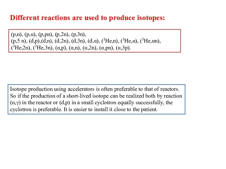 Different reactions are used to produce isotopes: (p,n), (p,α), (p,pn), (p,2n),