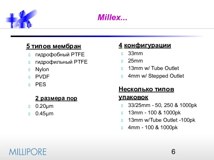 Millex... 5 типов мембран гидрофобный PTFE гидрофильный PTFE Nylon PVDF PES