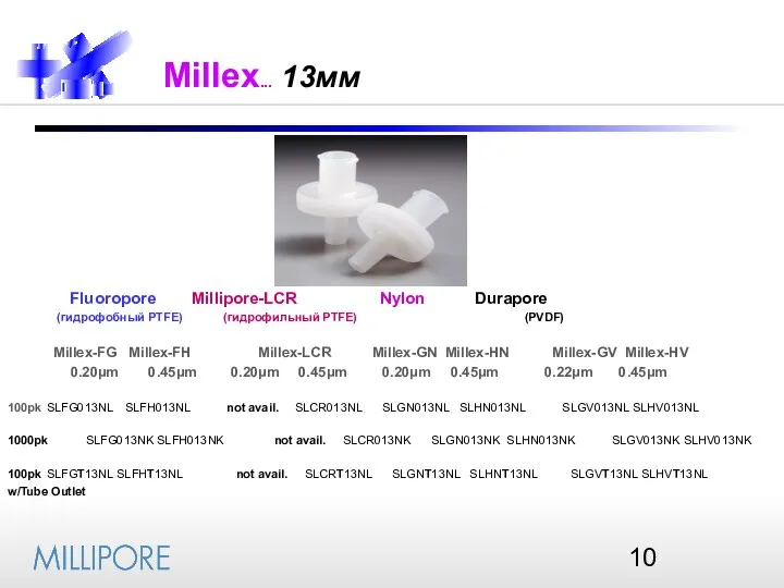 Fluoropore Millipore-LCR Nylon Durapore (гидрофобный PTFE) (гидрофильный PTFE) (PVDF) Millex-FG Millex-FH