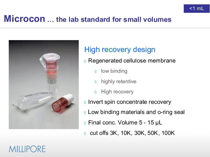 Microcon … the lab standard for small volumes High recovery design