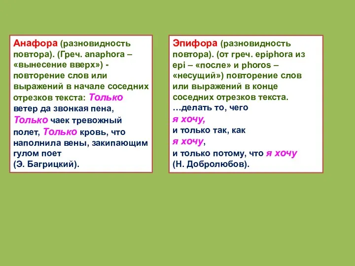 Анафора (разновидность повтора). (Греч. anaphora – «вынесение вверх») - повторение слов