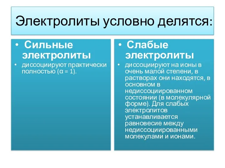 Электролиты условно делятся: Сильные электролиты диссоциируют практически полностью (α = 1).