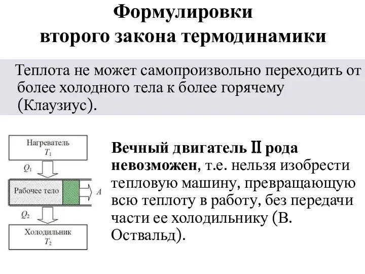 Формулировки второго закона термодинамики Теплота не может самопроизвольно переходить от более