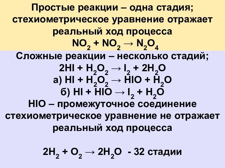 Простые реакции – одна стадия; стехиометрическое уравнение отражает реальный ход процесса