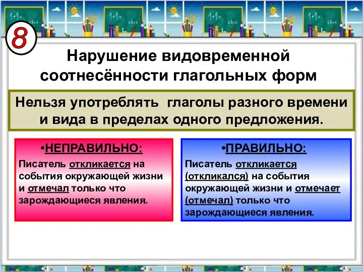 Нарушение видовременной соотнесённости глагольных форм Нельзя употреблять глаголы разного времени и