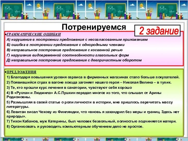 ГРАММАТИЧЕСКИЕ ОШИБКИ А) нарушение в построении предложения с несогласованным приложением Б)