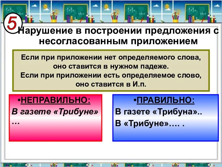 5 Нарушение в построении предложения с несогласованным приложением Если при приложении