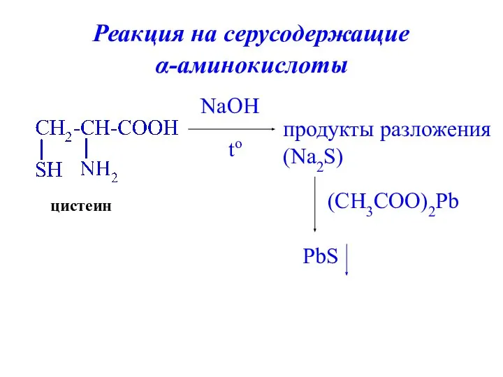 Реакция на серусодержащие α-аминокислоты цистеин NaOH to продукты разложения (Na2S) (CH3COO)2Pb PbS