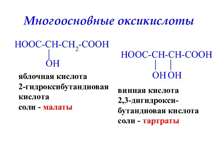 Многоосновные оксикислоты яблочная кислота 2-гидроксибутандиовая кислота соли - малаты винная кислота